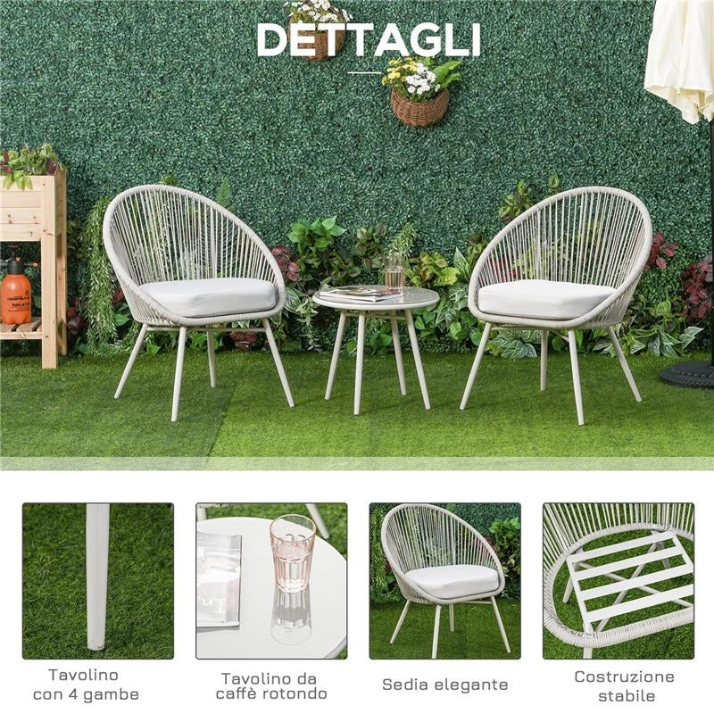 SET POLTRONCINE DA GIARDINO INTRECCIATE IN PE RATTAN CON TAVOLINO BIANCO CREMA