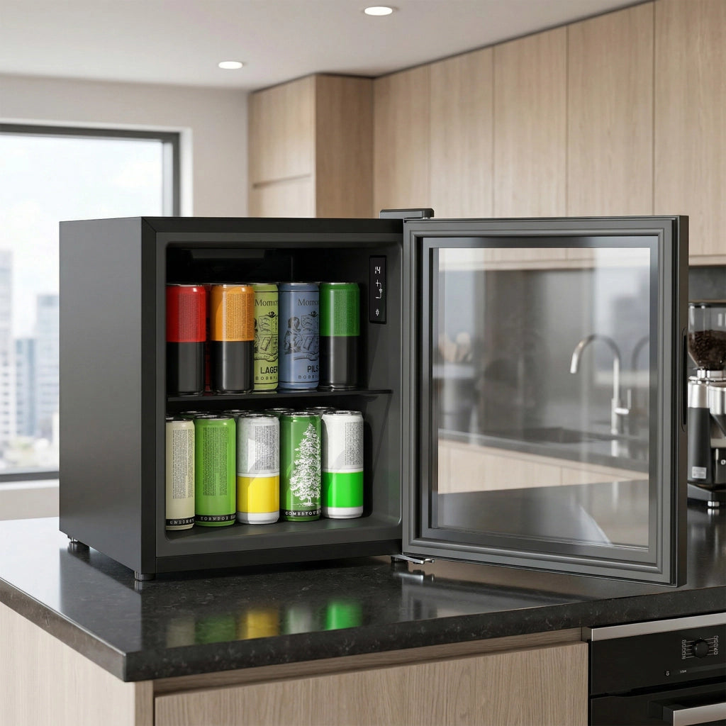 Mini Frigo da Ufficio 42,3x40x55 cm Capienza 46L 59 Lattine Temperatura Regolabile 0-20℃ con Porta in Doppio Vetro