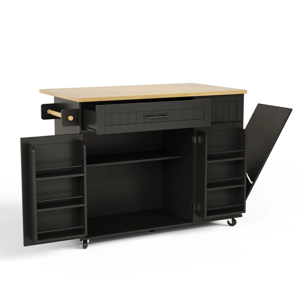 Isola da cucina mobile con piano ribaltabile, ruote bloccabili, credenza portaoggetti e vano rifiuti nascosto, 130x70x93 cm