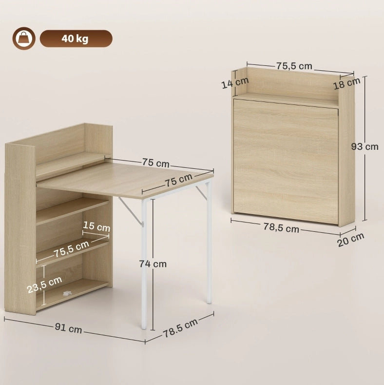 Tavolo da pranzo pieghevole con 3 ripiani, rovere