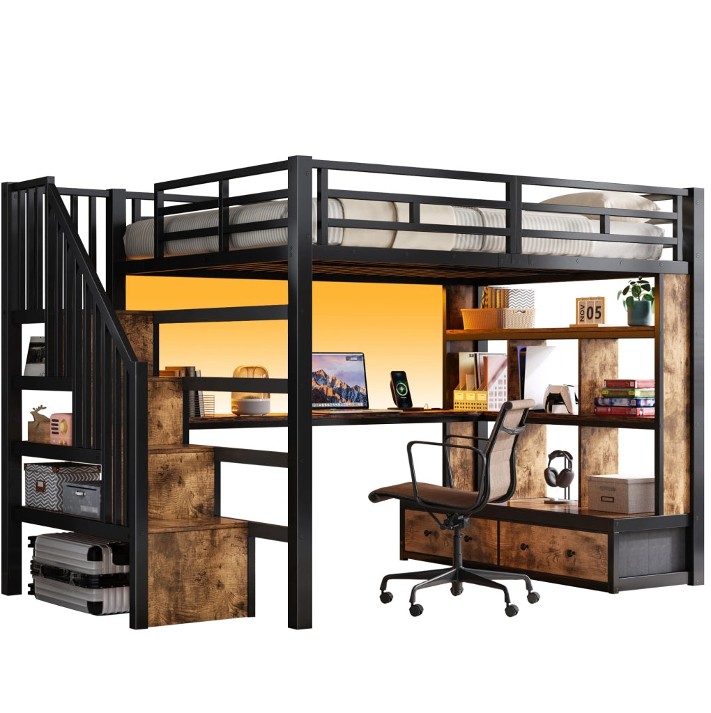 Letto a soppalco 140x200 cm con scrivania; libreria; cassetti e LED; nero in MDF e metallo