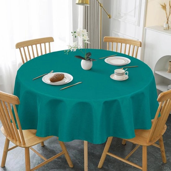 Tavolo Rotondo Copri Tavolo Φ160cm, Copri Tavolo Blu Verde con Aspetto di Lino, Copri Tavolo in Poliestere Lavabile, Impermeabile con Effetto Loto, Resistente ai Danni per Soggiorno, Sala da Pranzo, Terrazza, Giardino