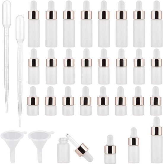 Flessini per olii essenziali con coperchio in lega di alluminio dorato, 30 pezzi, 5ml 3ml 1ml, mini flaconi vuoti per olii essenziali, coperchio con pesatura in Rose Gold, riempibili con dosatore in plastica da 2ml.