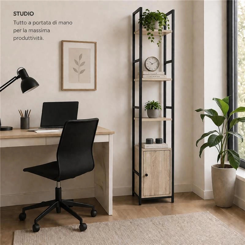 SCAFFALE STILE INDUSTRIAL IN LEGNO E METALLO CON 3 RIPIANI E 1 ANTA DIMENSIONI 29X24X144CM - COLORE ROVERE