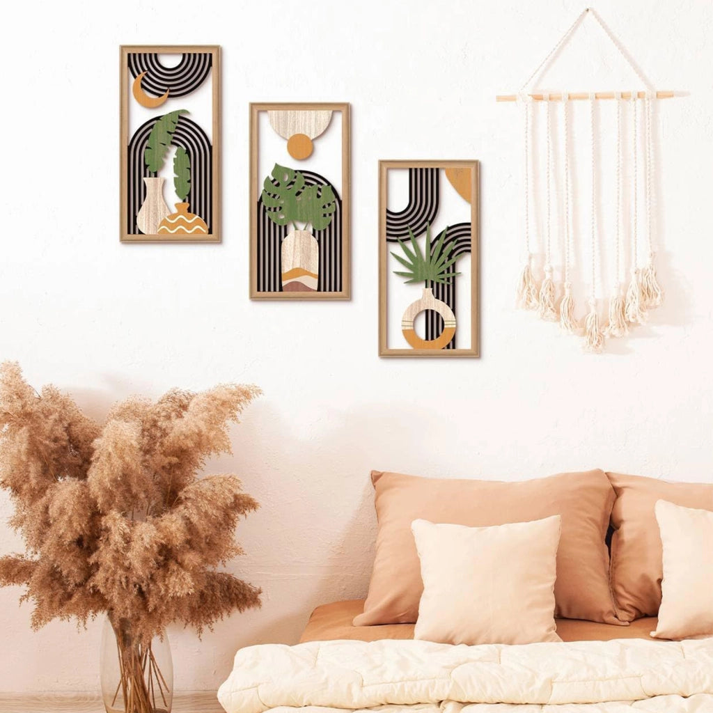 Set di 3 decorazioni da parete in legno boho con foglie