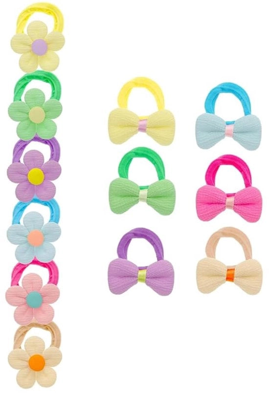 Accessori per capelli elastici a forma di fiore/snoepstrik, 12 pezzi, elastici, disegno carino, adatti a tutti i tipi di capelli, senza danneggiare i capelli.