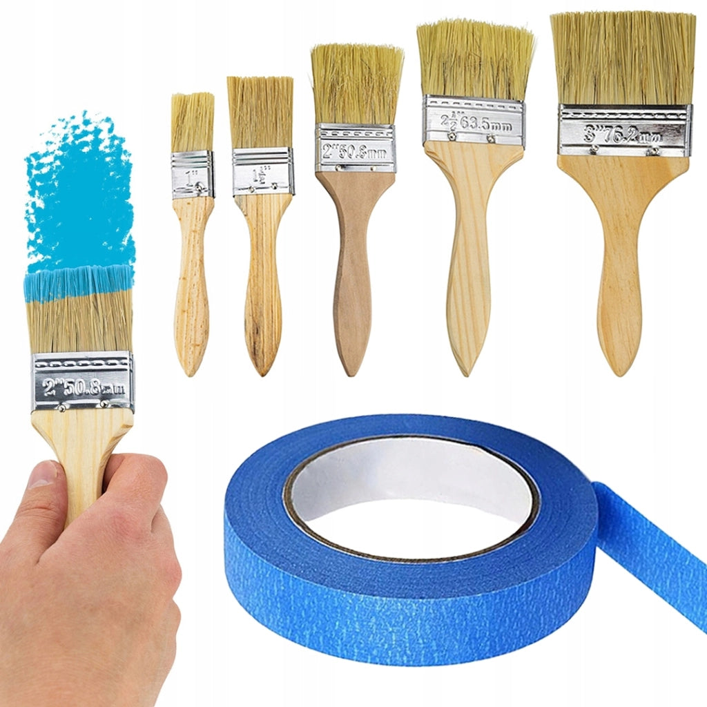 Set di Pennelli Sintetici + Nastro Adesivo Blu 40 mm x 50 m – Finitura Senza Striature | Per Pareti e Mobili
