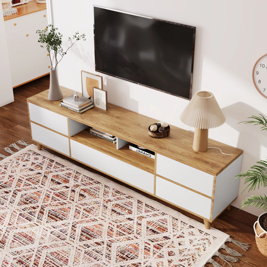 Mobile TV con 4 Ante e 2 Vani; Stile Moderno; Soggiorno; 175??37??51 cm; in MDF; Bianco e Effetto Legno