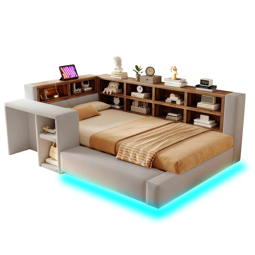Letto imbottito 90 x 200 cm con testiera imbottita, vani contenitore integrati, LED, prese e comodino laterale, grigio chiaro