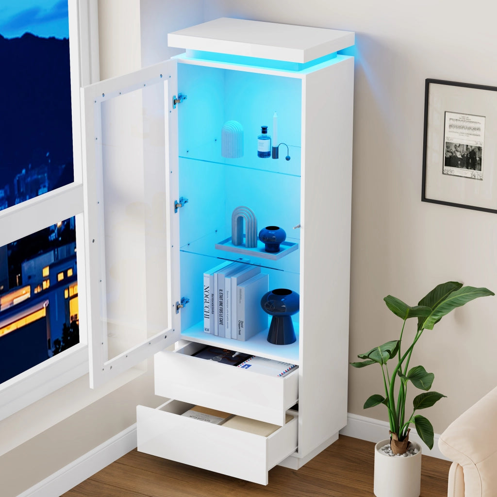 Vetrina con LED, 2 cassetti e 1 anta in acrilico, ripiani in vetro temperato, per soggiorno, bianca, 60 × 40 × 171 cm