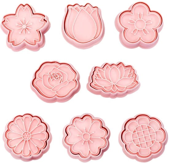 Set di 8 stampi per biscotti a forma di fiori, stampi per biscotti per bambini, stampo 3D per biscotti a forma di fiore, stampo per biscotti, attrezzo per la preparazione della torta, stampi per torte di fondant