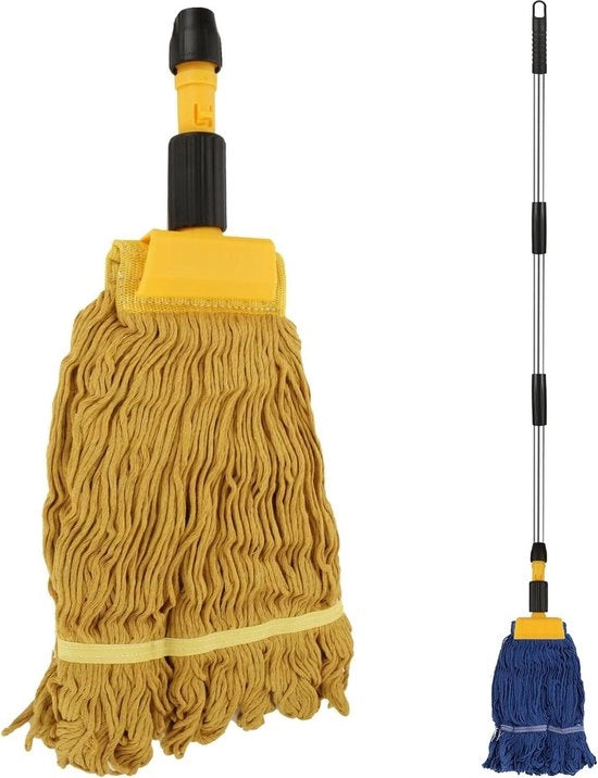 Mop Industriale a Manubrio Lungo 163 Cm - Morsetto di Cerniera - Fili a Coda di Lupo - Teste di Asciugamano per Pavimenti di Legno, Marmo e Ceramiche - Colori Giallo e Blu