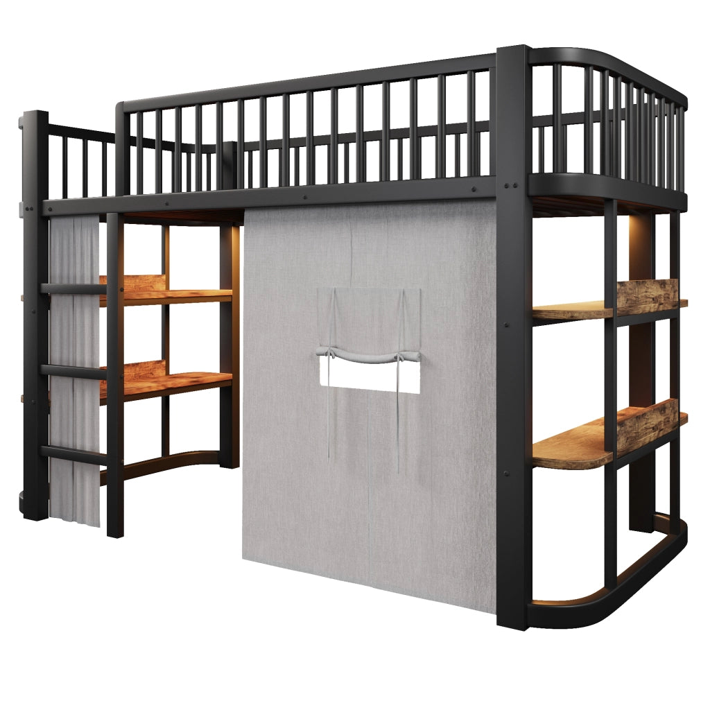 Letto a soppalco per bambini 90x200 cm con tende oscuranti; spazio inferiore modulabile; mensole e LED; metallo nero
