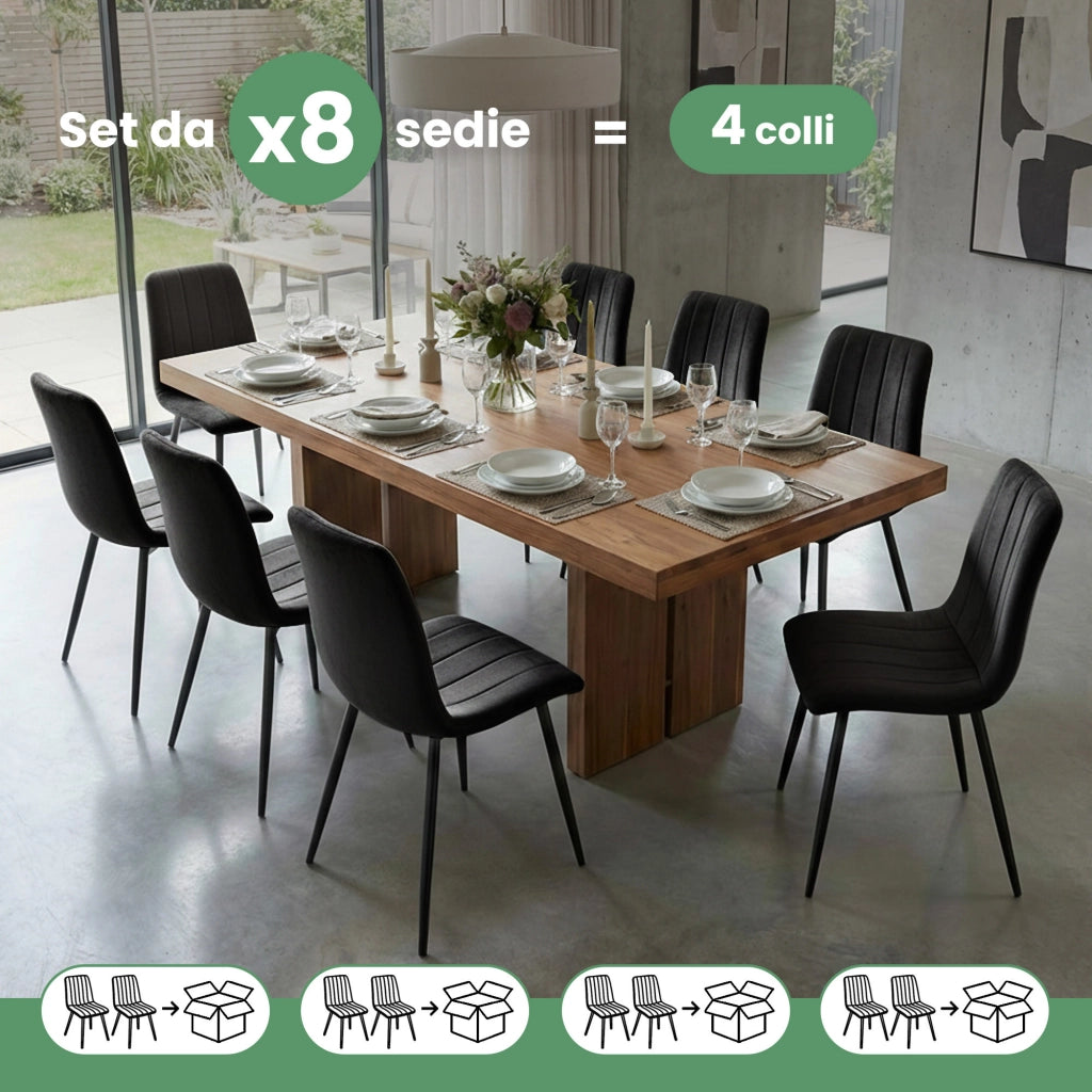 Set di 8 Sedie in velluto trapuntate LIVO Nero gambe nere