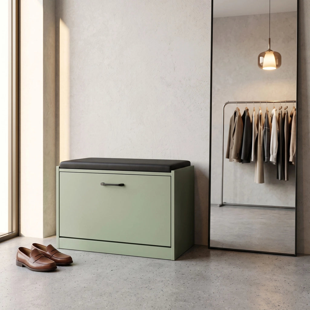 Kaizen - Panca da Ingresso con Scarpiera 63x47x30 cm 9 paia Portascarpe con Cuscino in Legno Salvia