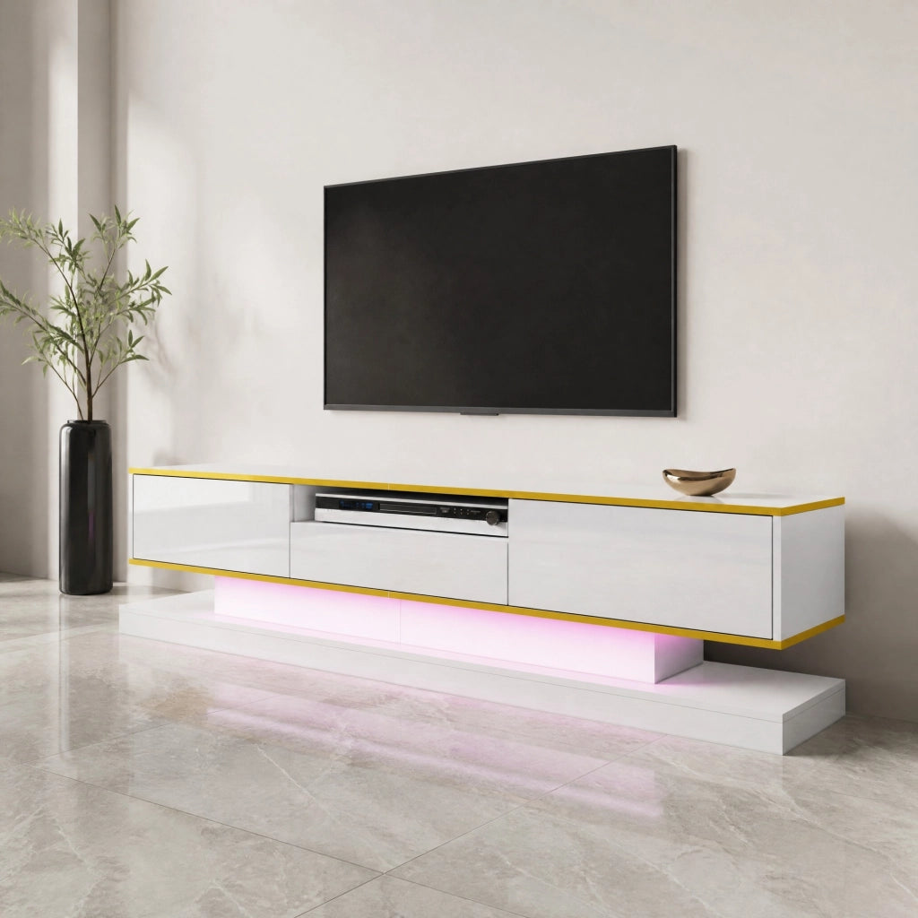 MOBILE TV 180x38x45 cm Bianco lucido con LED multicolore e 3 cassetti