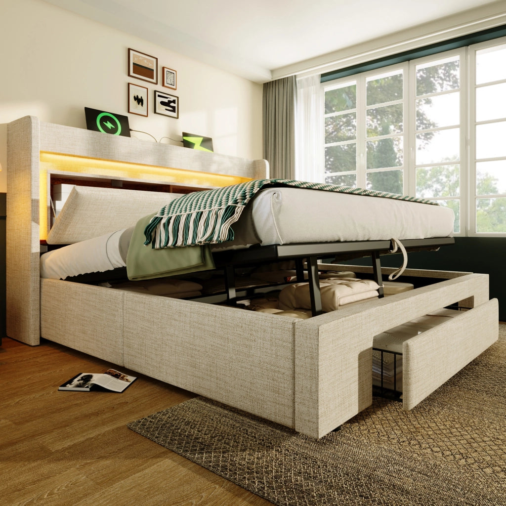 Letto imbottito 140x200 cm beige con LED, USB-C e materasso H3