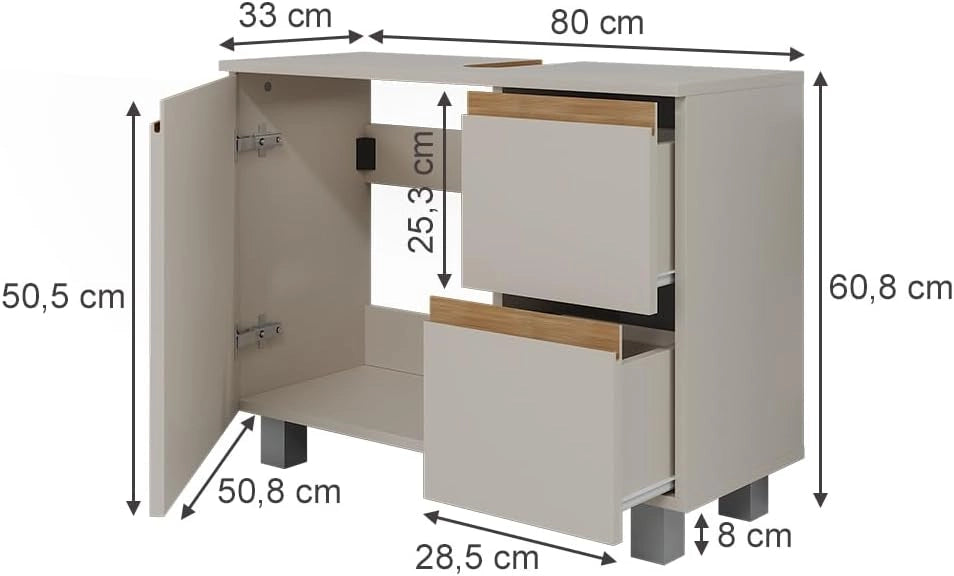 Mobile sottolavabo per bagno J-Shape, Cashmere/Artigianale, 80 x 60.8 cm con 2 cassetti, per la conservazione di articoli da bagno e prodotti per l'igiene