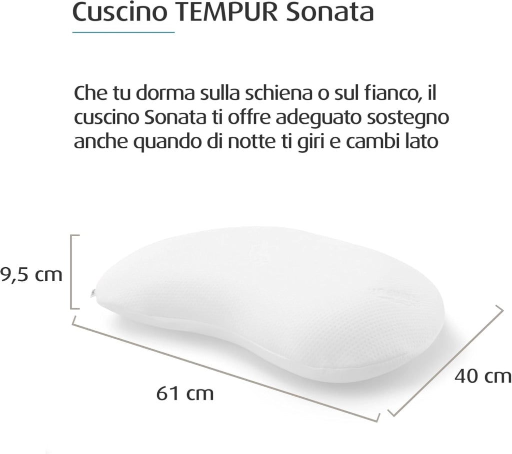 TEMPUR Sonata cuscino in memory foam, cuscino ergonomico di sostegno al collo per chi dorme sulla schiena e sul fianco, sensazione rigido, S (61 x 40 x 9,5 cm)