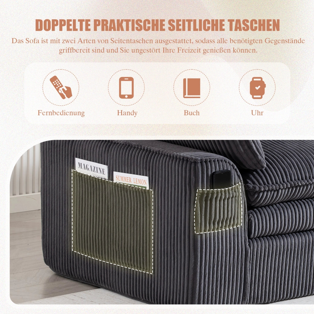 Divano lineare 2 posti - con tasche laterali e cuscini - in velluto a coste - grigio scuro