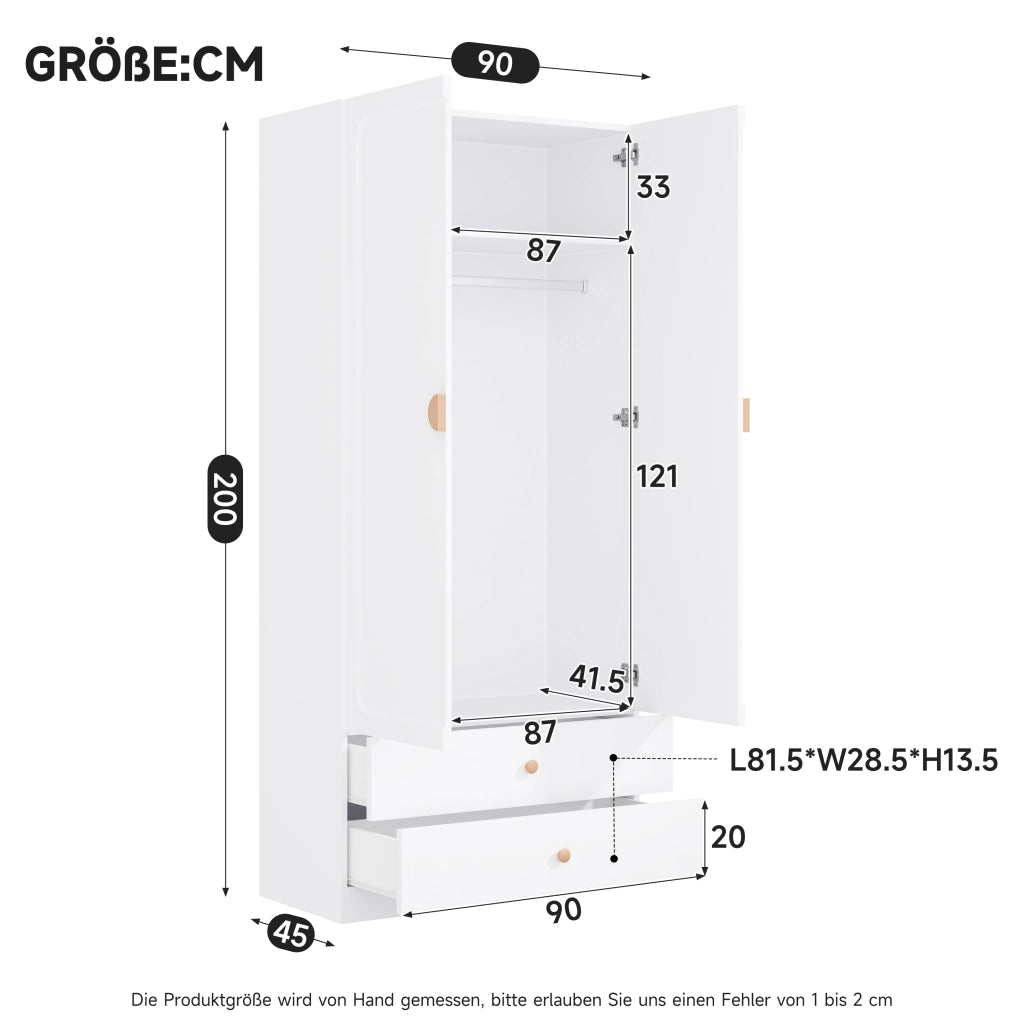 Armadio 90x45x200 cm con 2 cassetti e asta appendiabiti in legno MDF e acciaio bianco