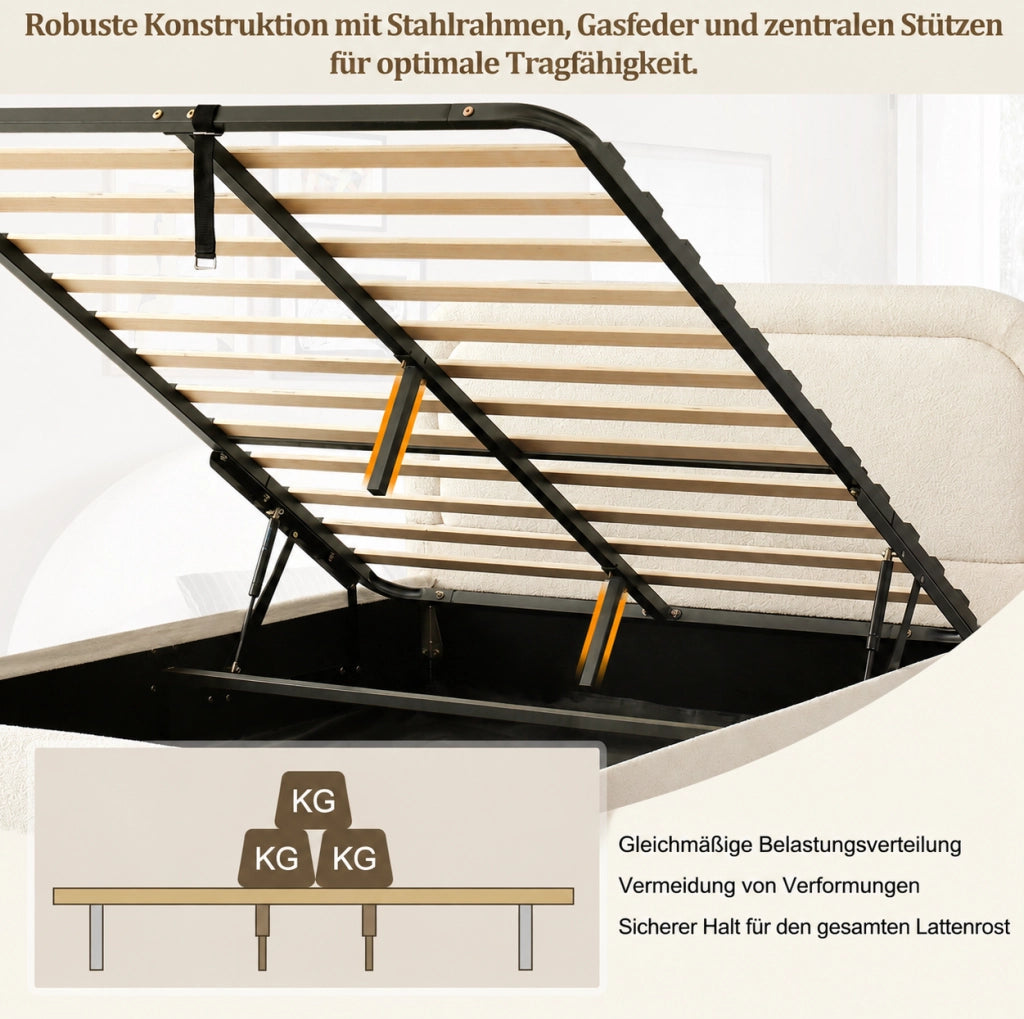 Letto imbottito beige in bouclé con vano contenitore e rete a doghe