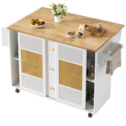 Isola da cucina con 3 cassetti; 2 ante scorrevoli; piano ribaltabile e portaasciugamani; in MDF e metallo; 146;85x70x90 cm; bianco