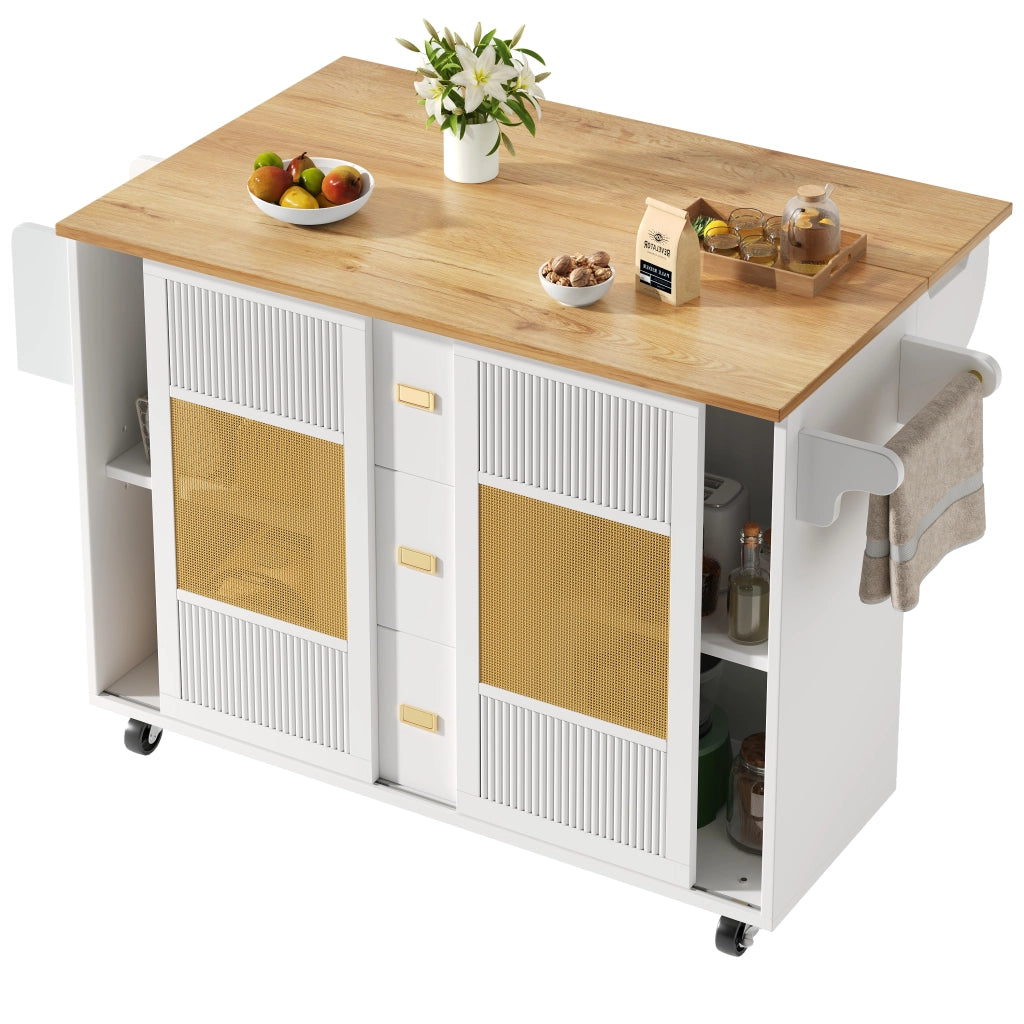 Isola da cucina con 3 cassetti; 2 ante scorrevoli; piano ribaltabile e portaasciugamani; in MDF e metallo; 146;85x70x90 cm; bianco