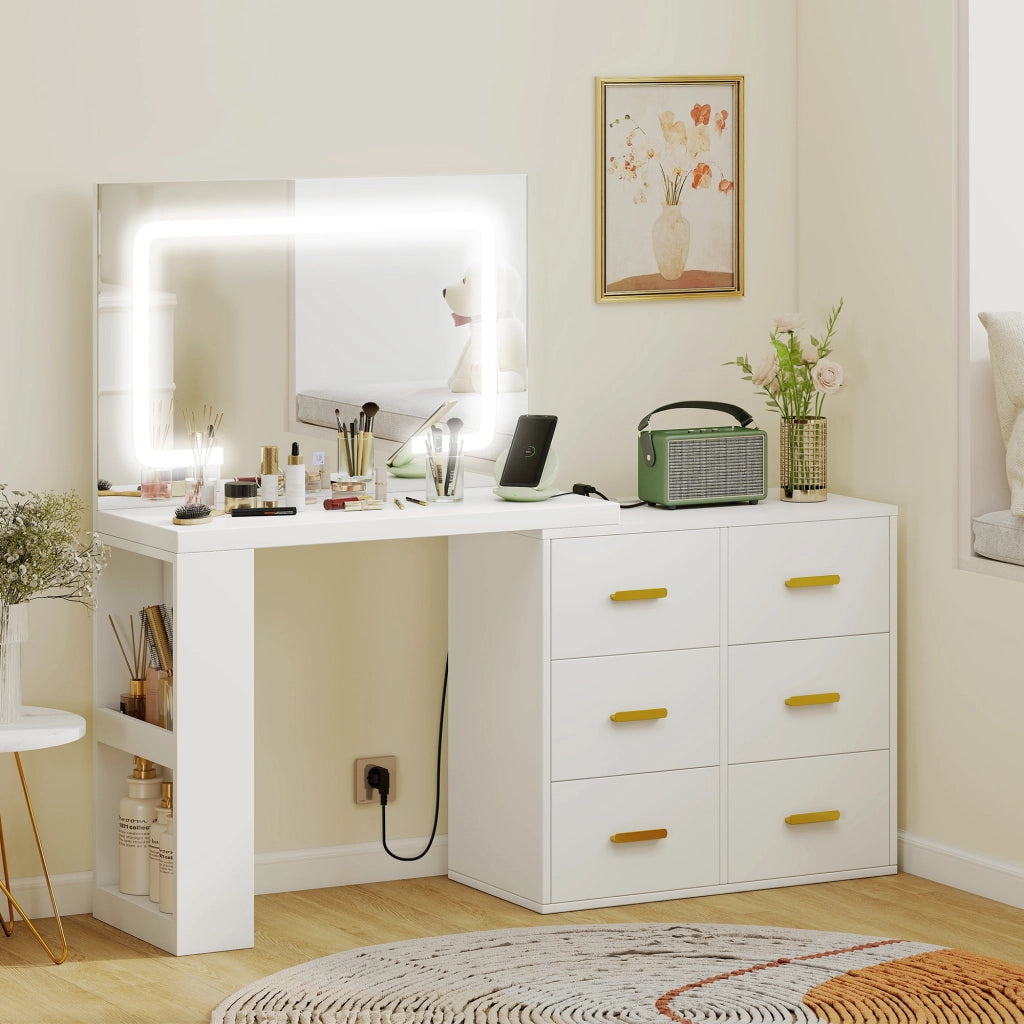 Toeletta da Camera con Specchio e Luci LED Regolabili, 6 Cassetti, 2 Ripiani e Prese Elettriche, Bianco