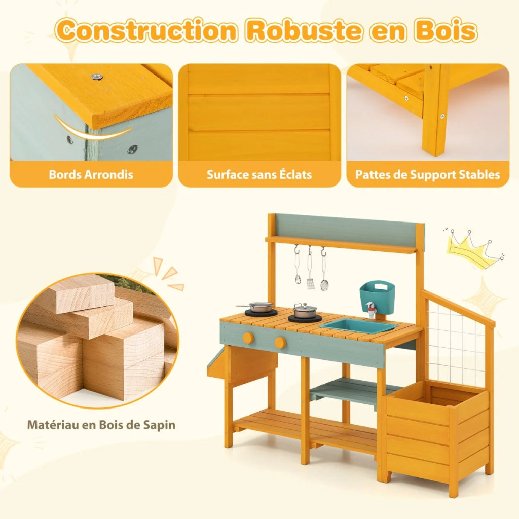 Cucina da esterno per bambini 115 x 34,5 x 92 cm con lavello estraibile pratico contenitore legno giallo 20_0017119