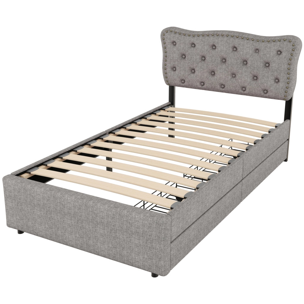 Letto singolo imbottito ULEVR 90x200 cm con 2 cassetti, testiera regolabile e borchie decorative, grigio