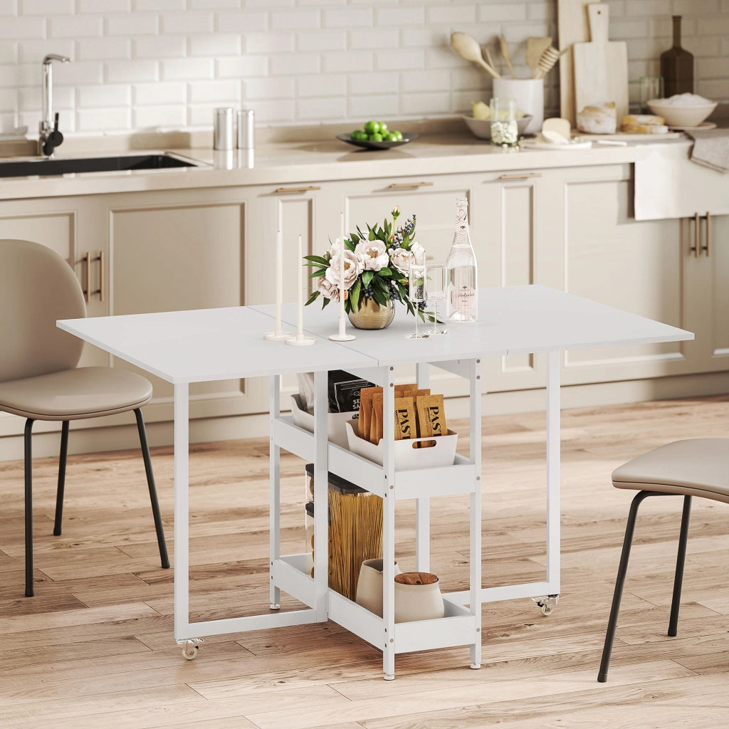 Tavolo Pieghevole a 2 Ribalte per 4 Persone ¨C zephmum ¨C Legno e Metallo, Bianco, 133.4x80x75 cm