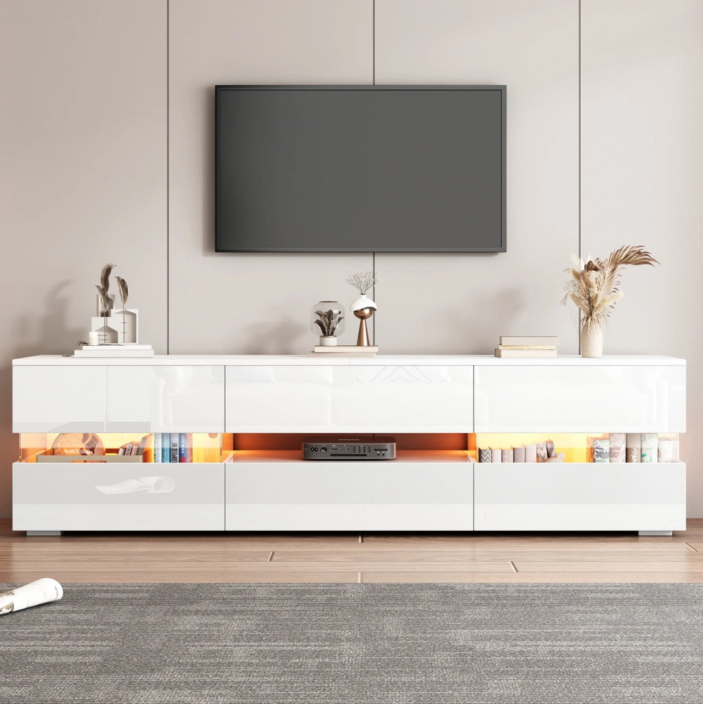 Mobile TV bianco lucido con LED, ante a pressione e vano aperto
