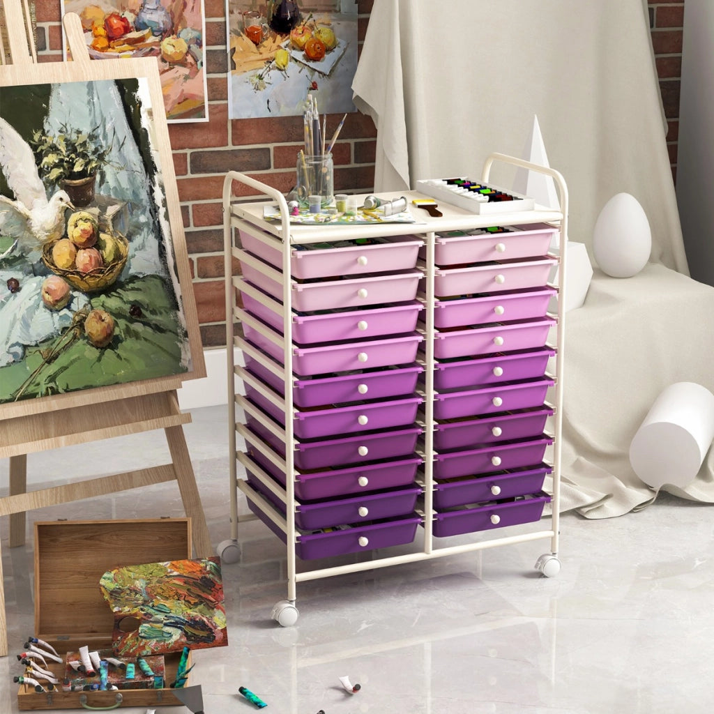 Carrello cassettiera multiuso e leggero con 20 cassetti, Contenitore con ruote per ufficio e casa Viola