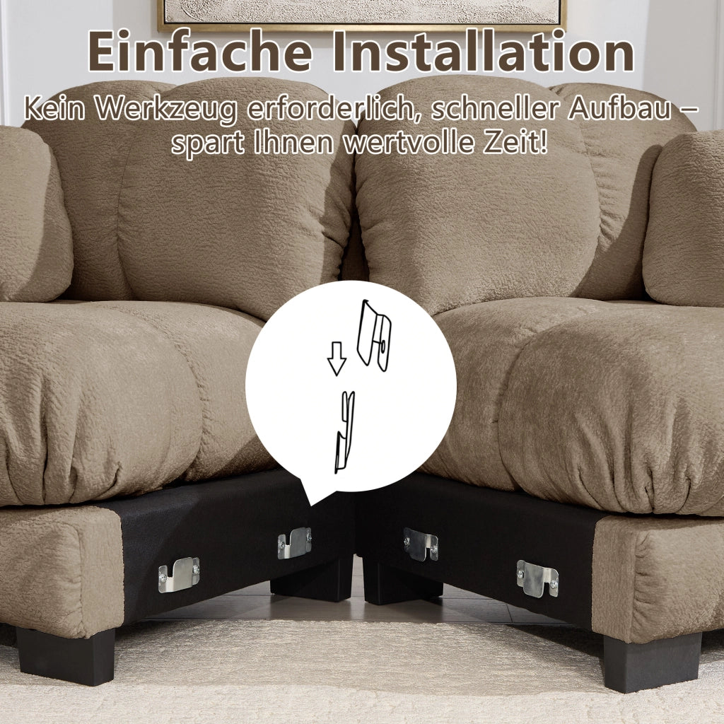 Divano modulare a U 3 posti 260x149 cm con cuciture trapuntate in ciniglia marrone
