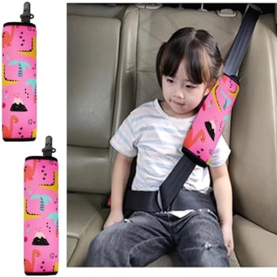 Cinturoni di sicurezza per bambini auto - 2 pezzi disegno dinosauro - Rosa - Protezione comoda per la gola - Adatto per auto, SUV e altro