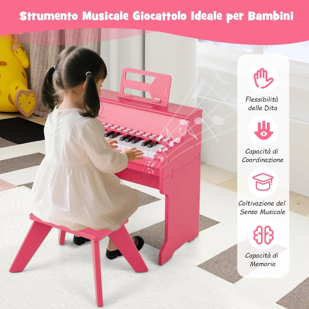 Pianoforte Digitale Bambini a 25 Tasti con Luci, Pianola Elettrica con 6 Toni, 15 Demo e 8 Percussioni, Set Tastiera Musicale con Sgabello e Leggio Rimovibile, per Bambini 3+ Anni (Rosa)