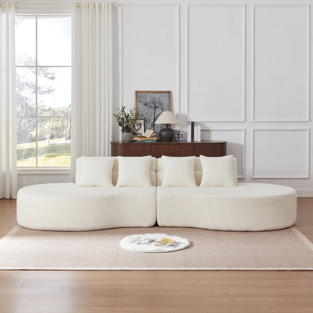 Divano modulare a 2 pezzi in chenille beige con schienale a strati e design curvo senza telaio