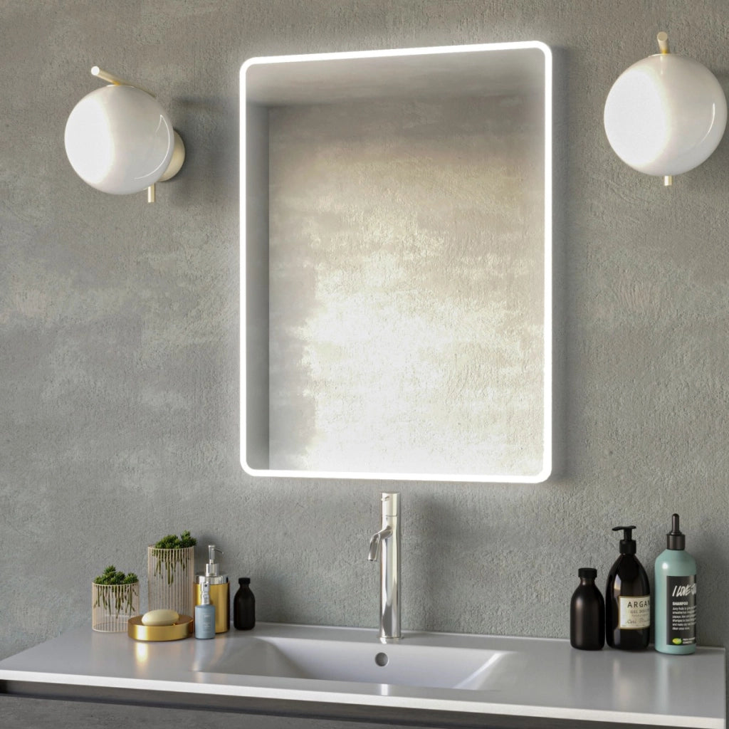 Specchio da bagno rettangolare angoli stondati retroilluminato uno, misura 90x75