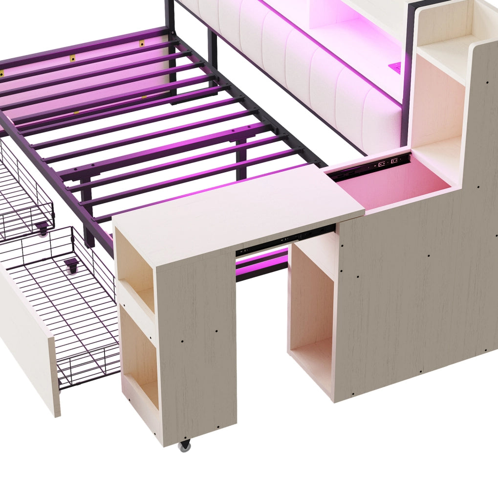Letto singolo multifunzione 90x200 cm con scrivania mobile; contenitori e prese; bianco e legno