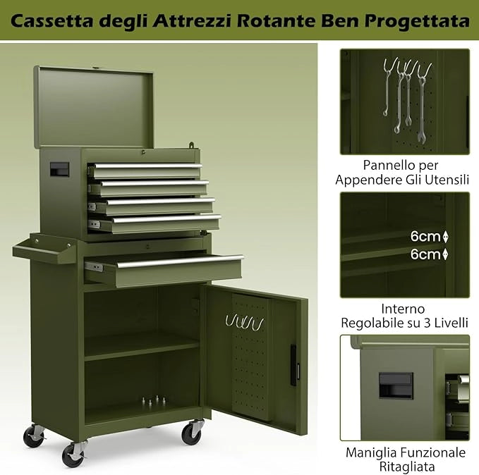 Cassettiera Portautensili a 4 Cassetti, Carrello per Attrezzi con Ruote Bloccabili Ripiano Regolabile e Rivestimento Antiscivolo, 59 x 28 x 102 cm (Verde Oliva)