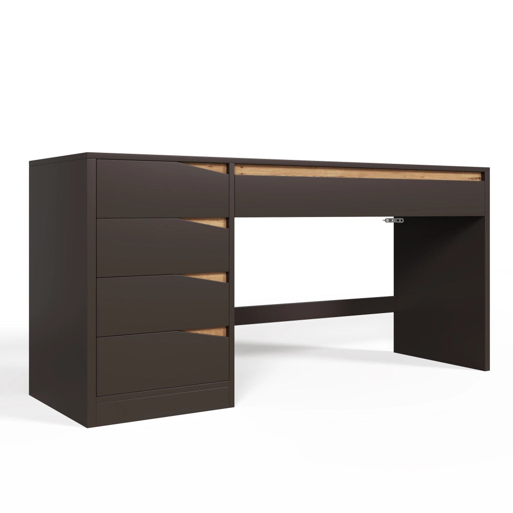 Scrivania dritta con 5 cassetti e piano ampio, grigio e rovere, per studio e camera, MDF, 140 × 50 × 78 cm