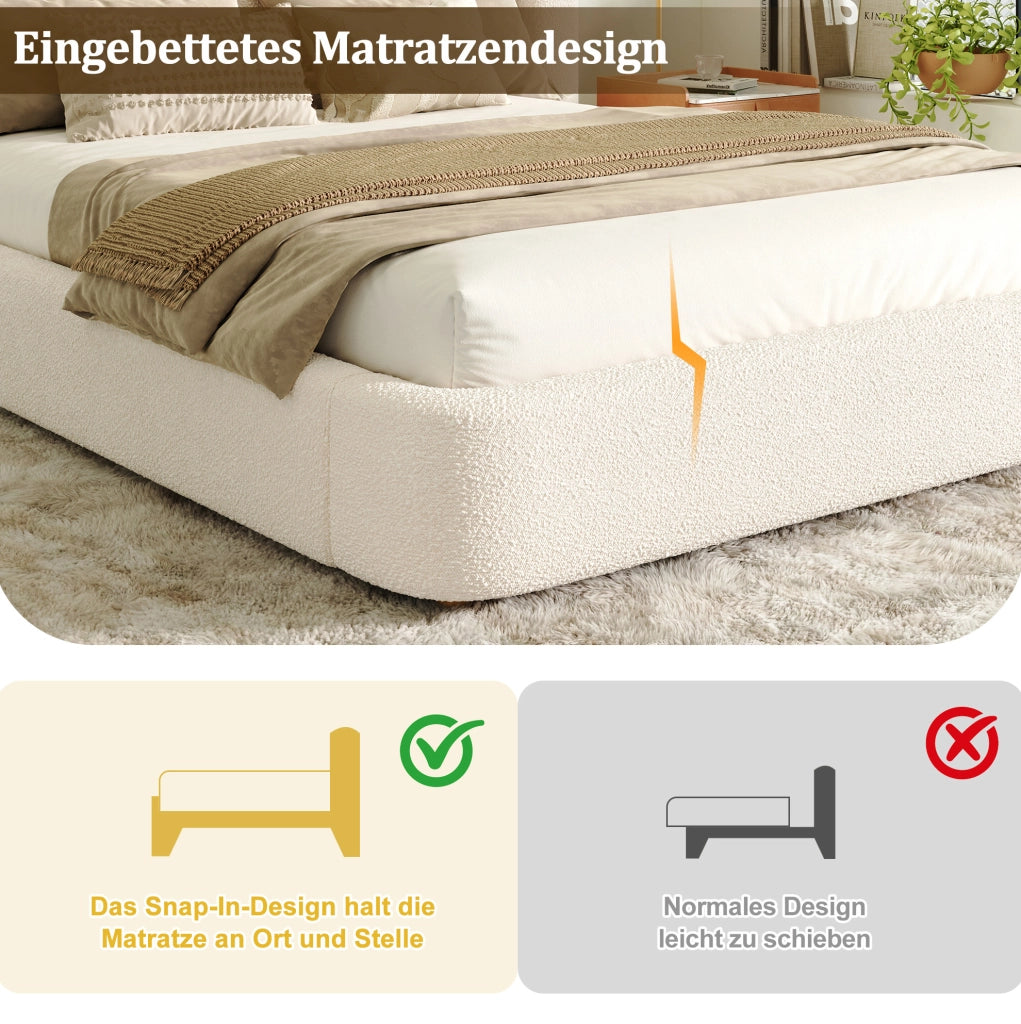 Letto imbottito beige in bouclé con rete a doghe e testiera lavabile