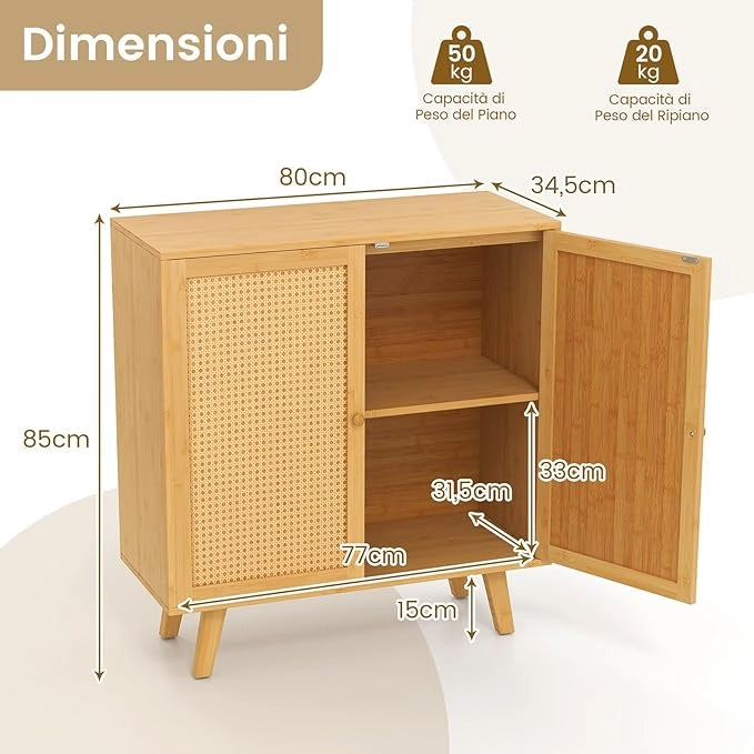 Mobile da Bagno, Armadietto Salvaspazio da Terra con Ripiano Regolabile e 2 Ante in Rattan PE, Credenza in Bambù per Soggiorno, Sala da Pranzo, Cucina e Camera da Letto, 80 x 34,5 x 85 cm
