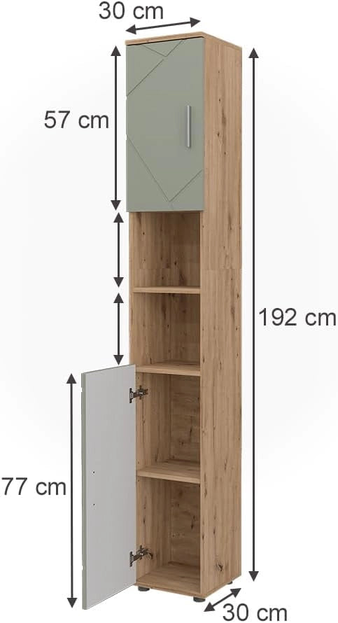 Armadio per il bagno Irma, Verde salvia, 30 x 192 cm, Ampio spazio di archiviazione dall'alto verso il basso, ideale per asciugamani e prodotti per la cura