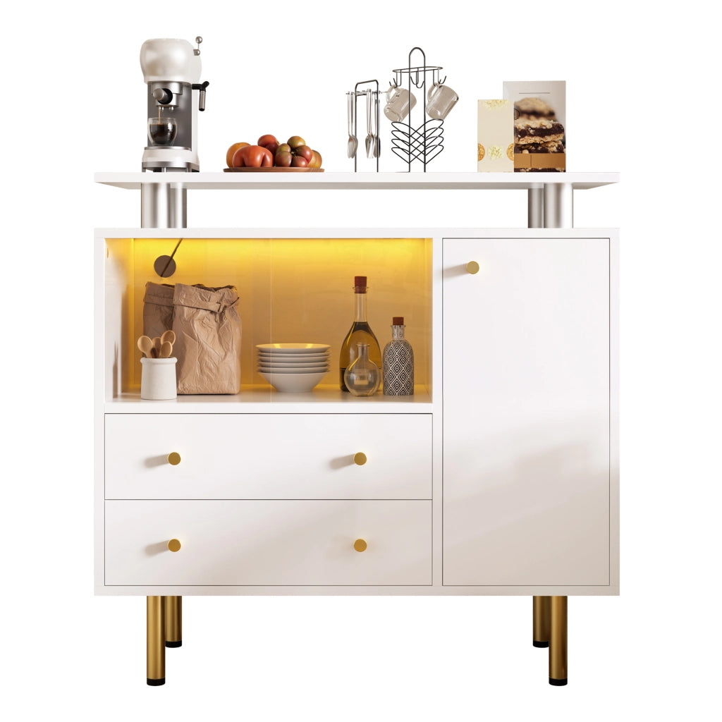 Madia moderna con illuminazione LED, 2 ante in vetro, 2 cassetti e 1 anta, bianca, 80 x 35 x 80 cm