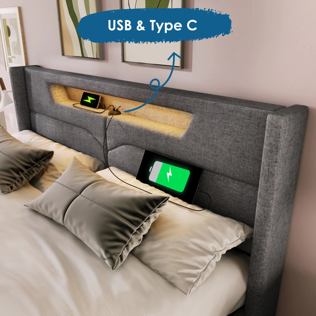 OKWISH Letto Contenitore Letto Matrimoniale, USB, Tipo C e LED, 140 x 200 cm, con Materasso, Grigio