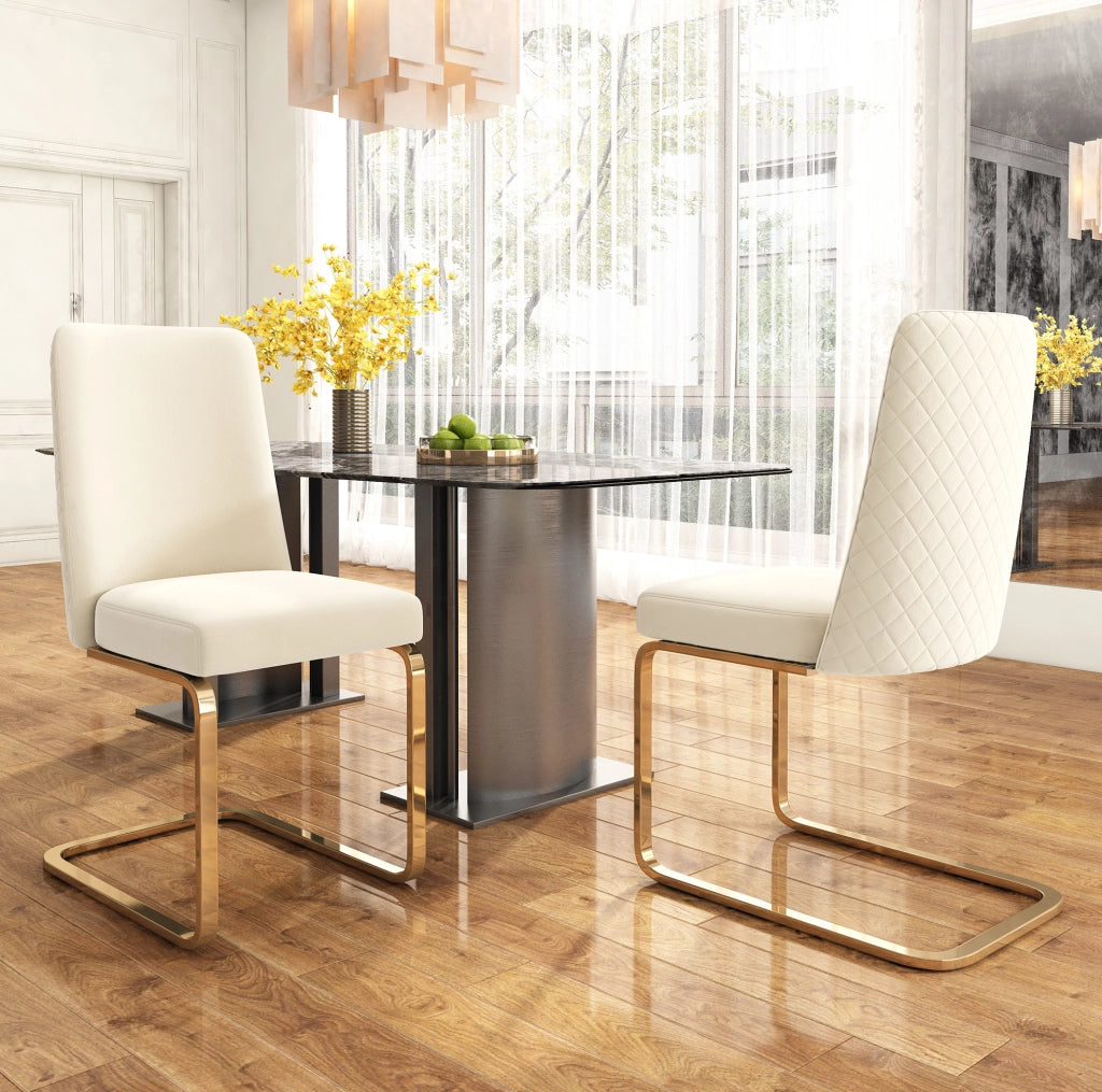 Set di 4 sedie da pranzo in velluto beige con schienale a rombi e gambe in metallo