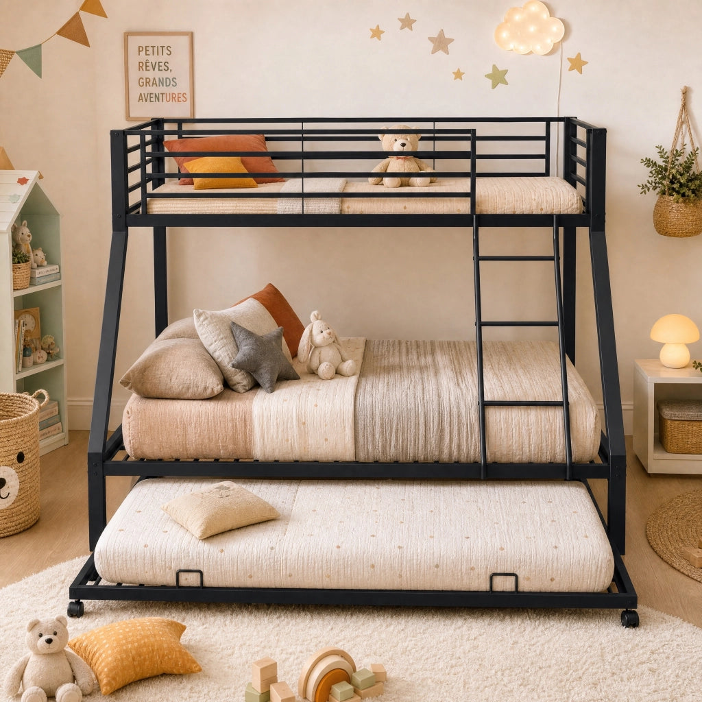 Letto a castello 90 × 200 cm e 140 × 200 cm con letto estraibile 90 × 190 cm, senza materasso, nero