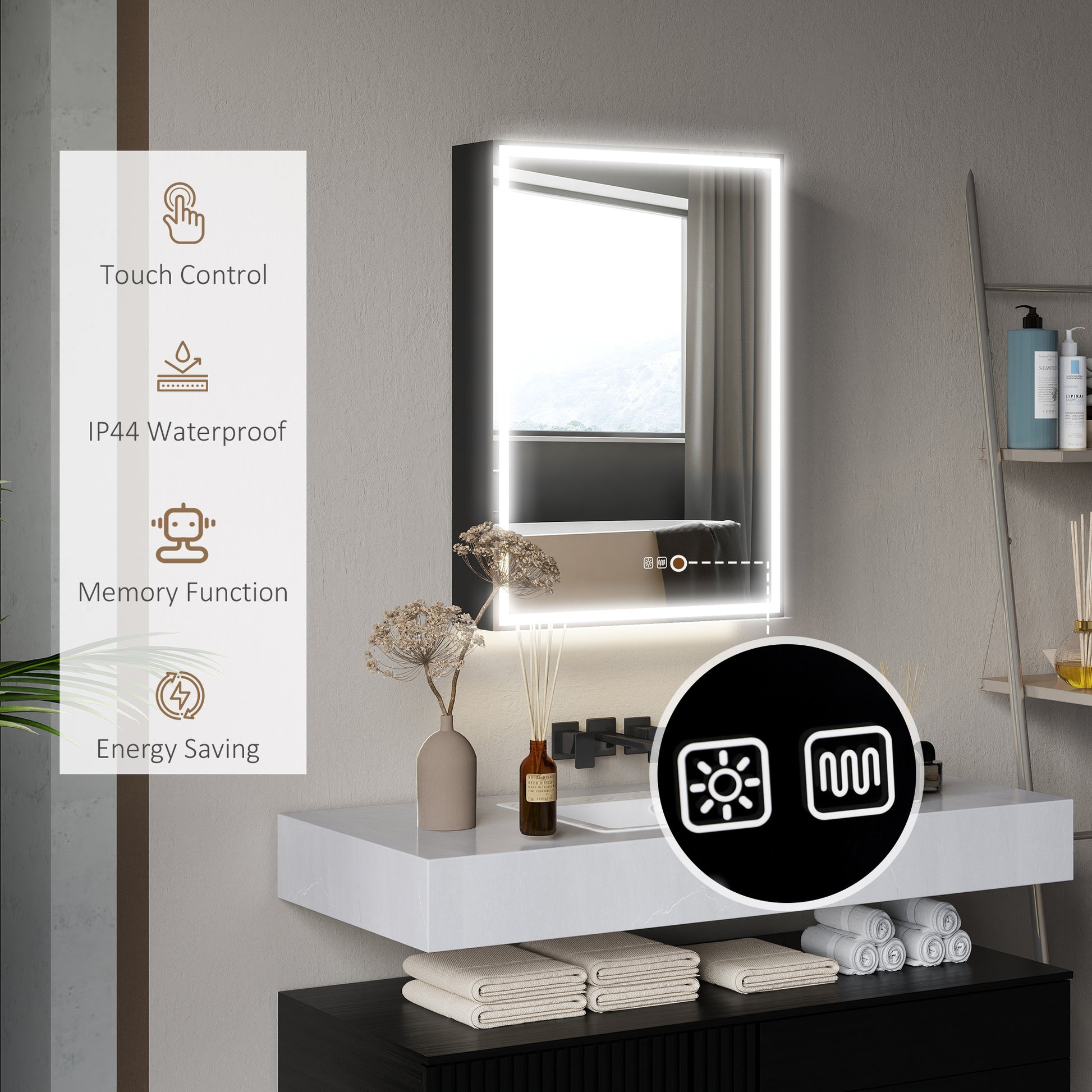 Armadietto da Bagno con Specchio Luci LED Regolabili e Funzione Anti-Appannamento in Alluminio Nero